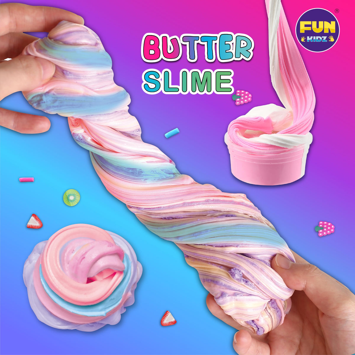 FunKidz kids hands playing slime for tactile exploration.