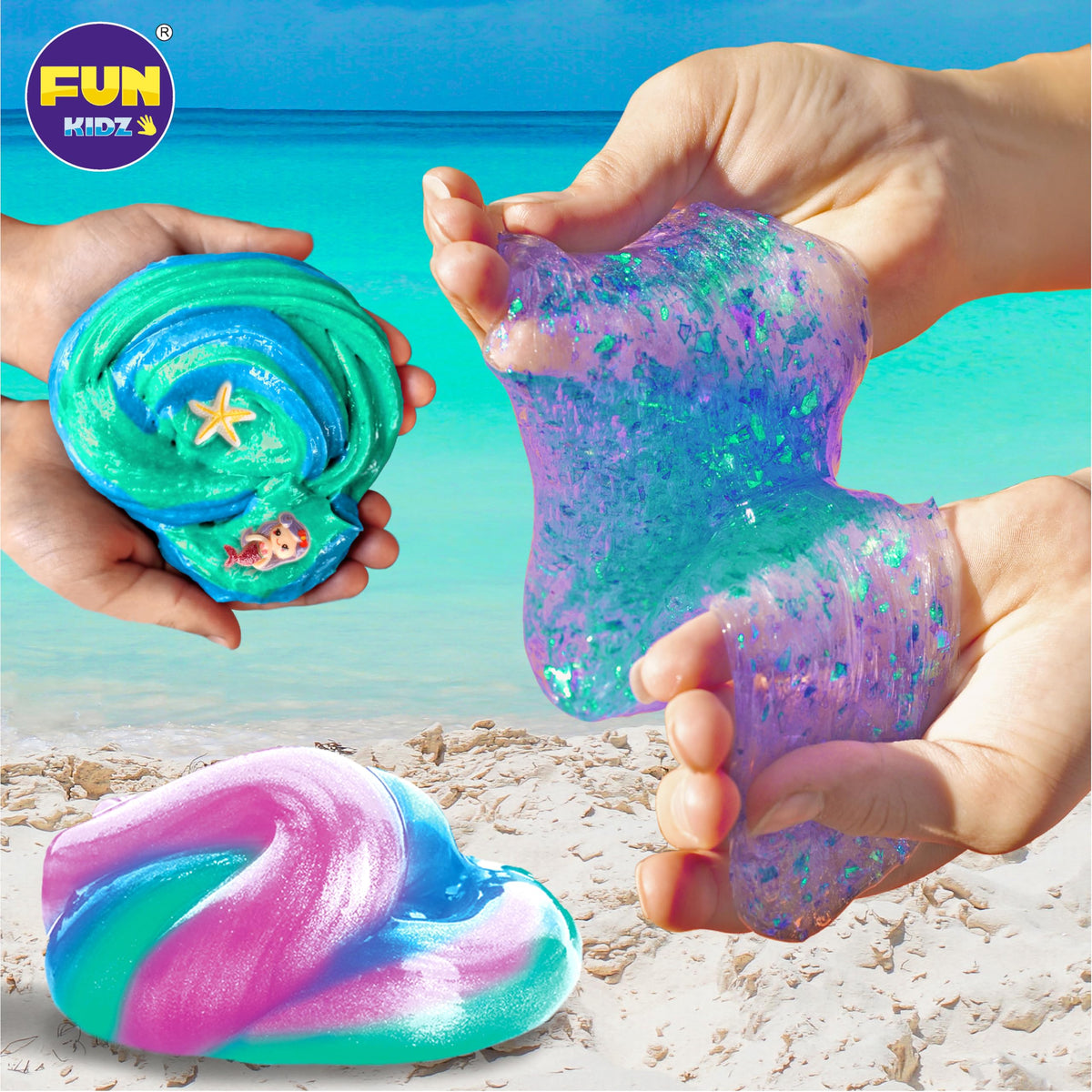 FUN KIDZ Mermaid Slime Kit charms close-up showcasing mermaid tails and glitter