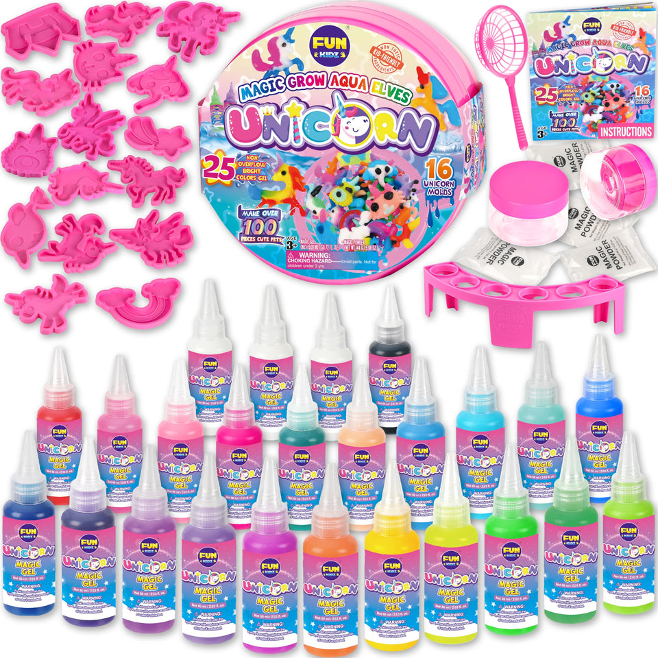 FUN KIDZ Unicorn Magic Grow Aqua Elves Kit box with unicorn molds and gel colors.