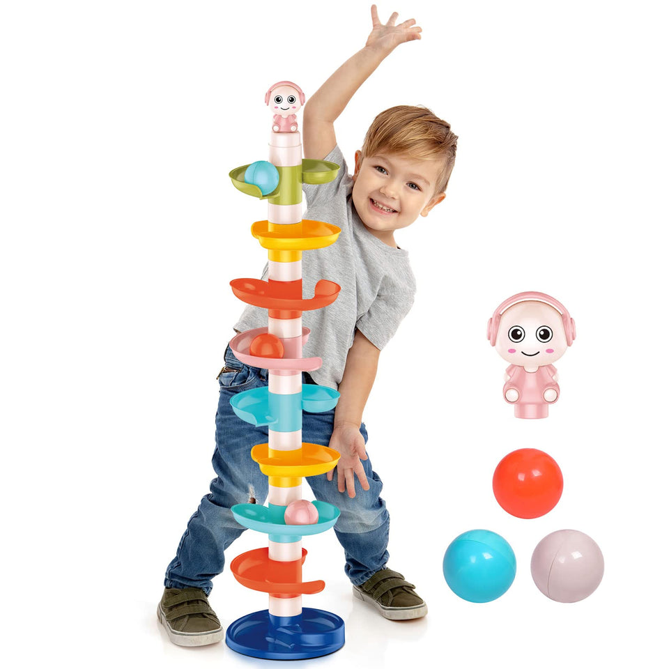 Fun Little Toys ball drop tower assembly shown for easy setup and toddler-friendly play.