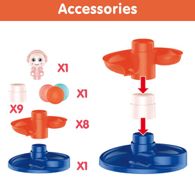 Fun Little Toys ball-run path showing sequential movement through bright ramps.