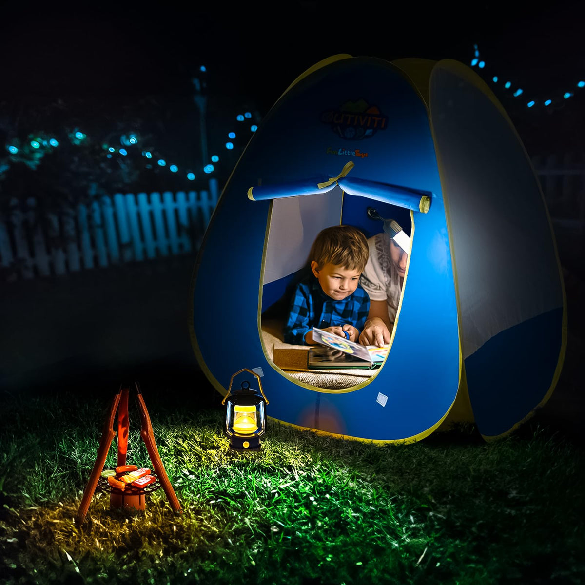 Fun Little Toys oil lamp adds cozy glow to play scenes.