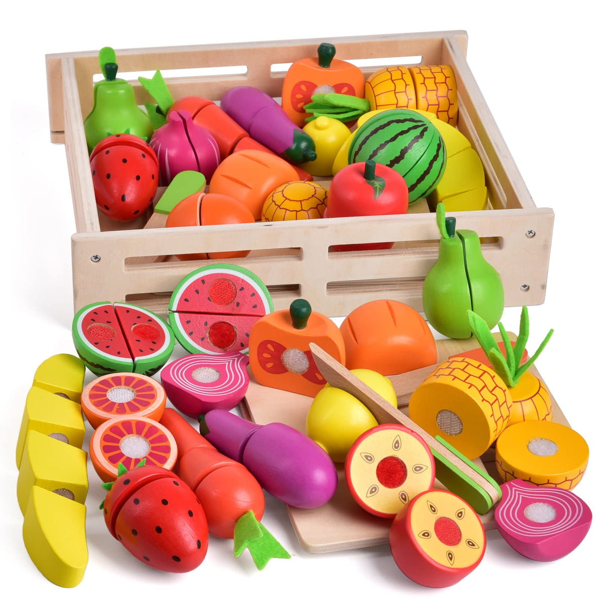 FUN LITTLE TOYS wooden play food basket organized for pretend kitchen fun