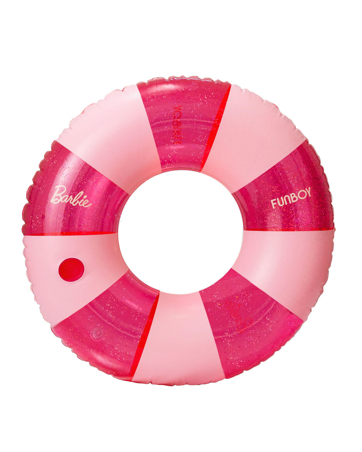FUNBOY Barbie vintage stripe glitter tube ring pool float shows spacious 48-inch design for sunny pool days.