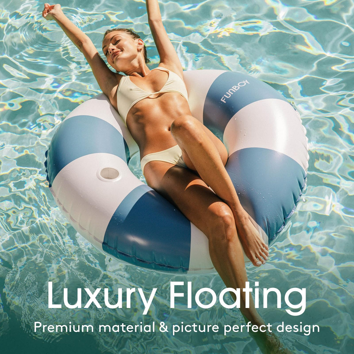 FunBoy blue stripe cup holder pool float keeps drinks within reach