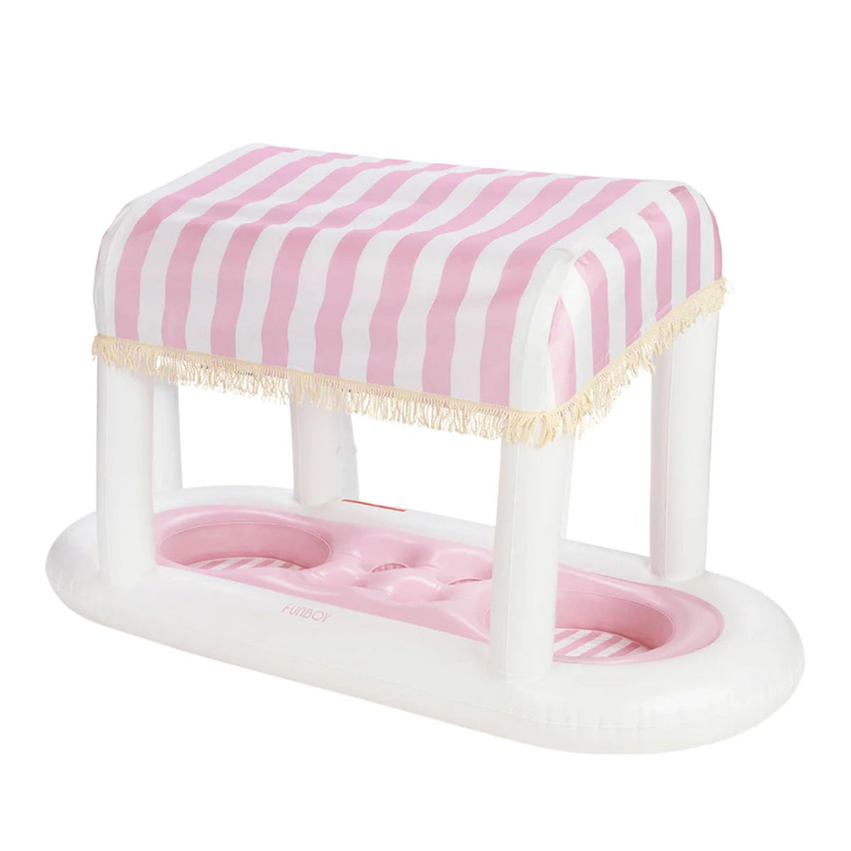 FunBoy Floating Cabana Bar with pink stripes serving pool drinks.