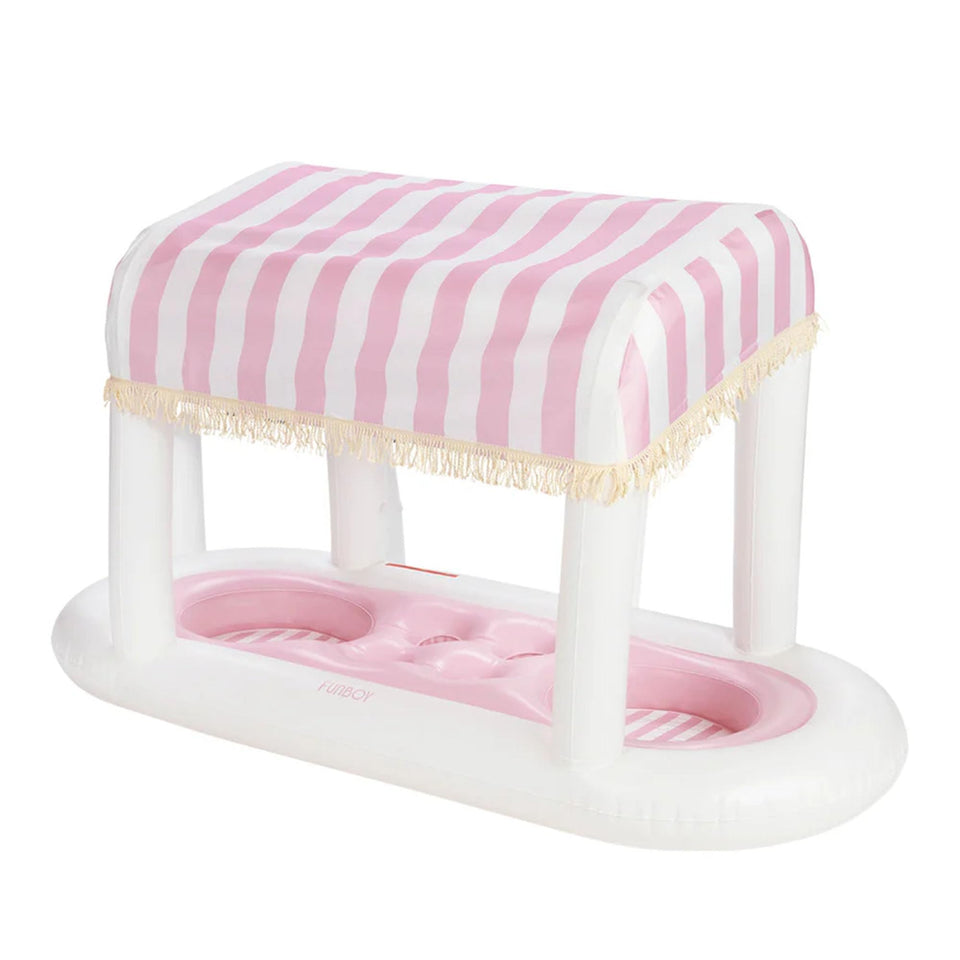 FunBoy Floating Cabana Bar with pink stripes serving pool drinks.