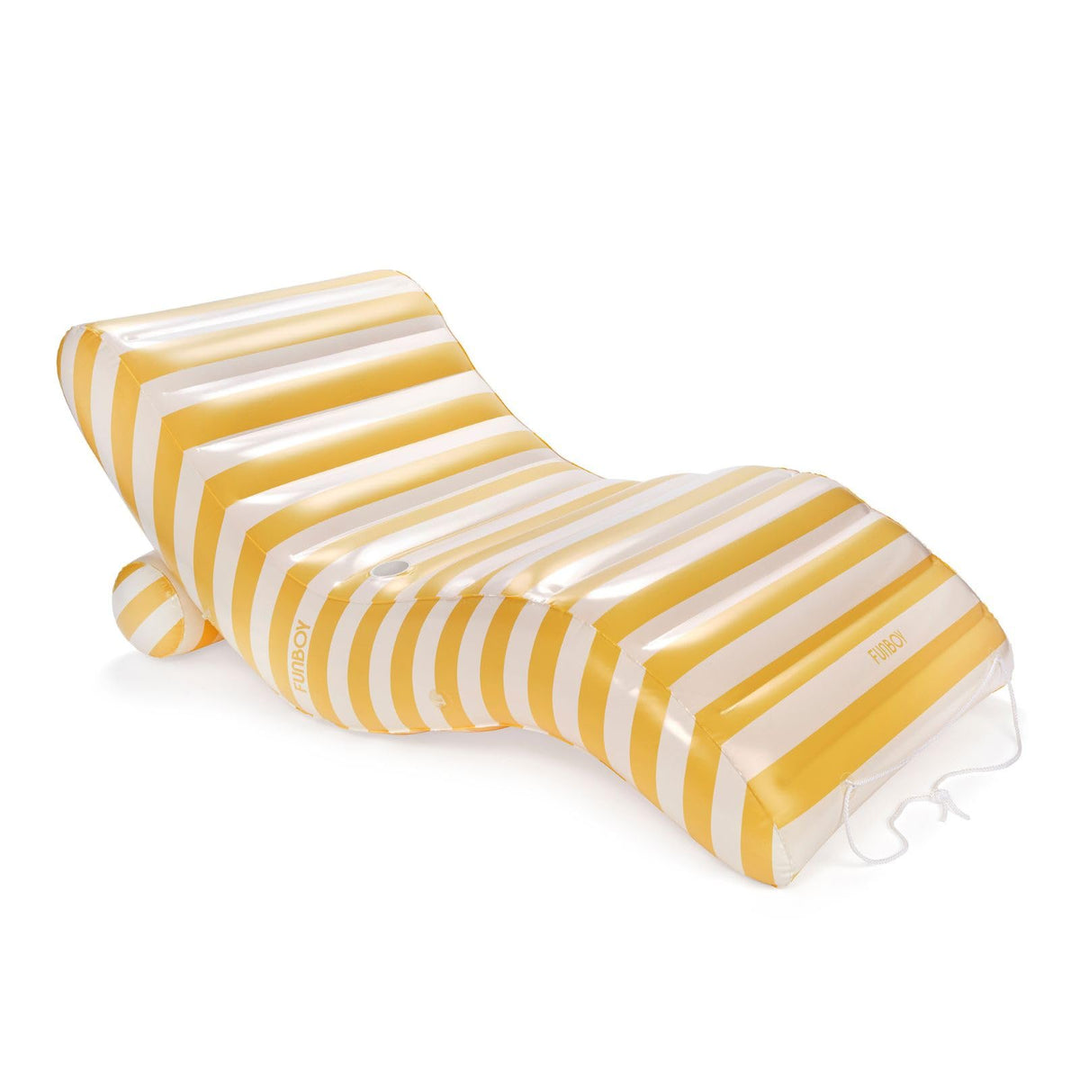 FUNBOY giant cabana chaise lounger in yellow and white stripes for poolside lounging.