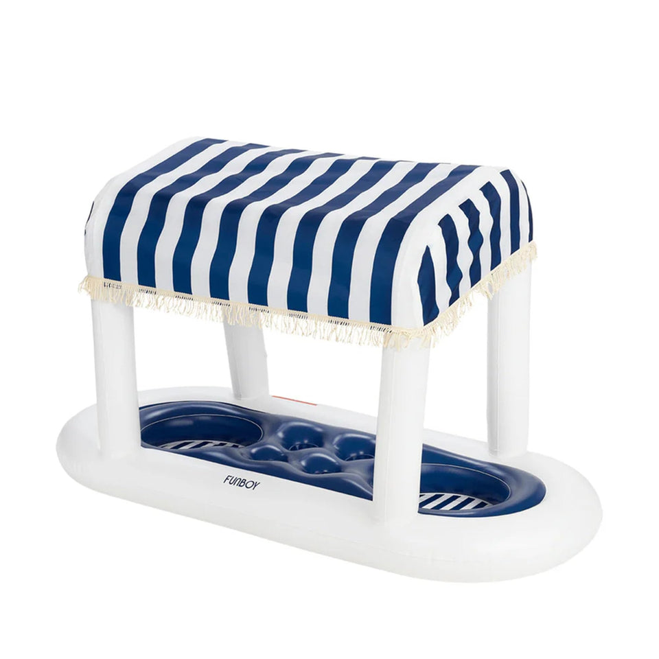FunBoy giant floating cabana drink station in navy stripe, ideal for pool parties.