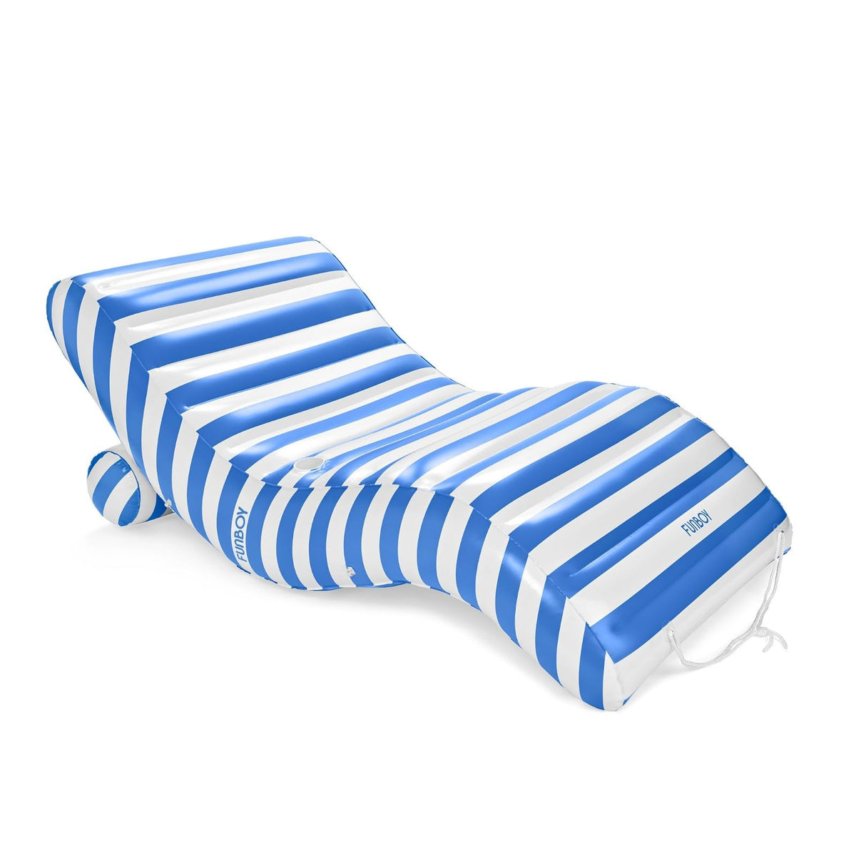 FUNBOY giant inflatable chaise lounger with blue and white cabana stripes for poolside lounging.