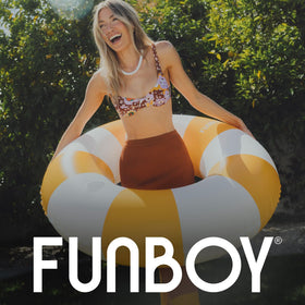 Durable FUNBOY float in vintage stripe supports relaxed pool lounging season after season.
