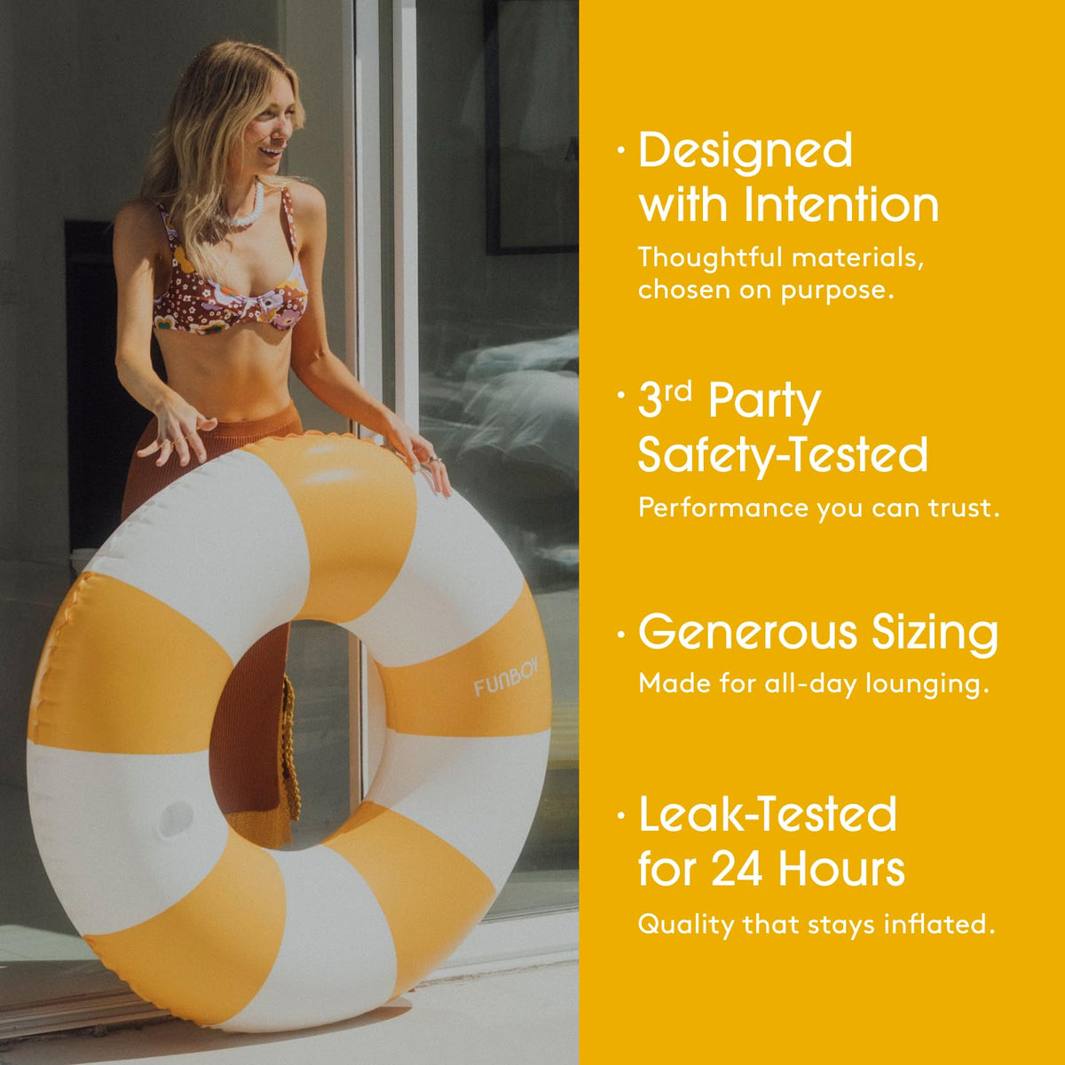 48-inch adult-sized FUNBOY float offers comfortable buoyancy for lounging in water.