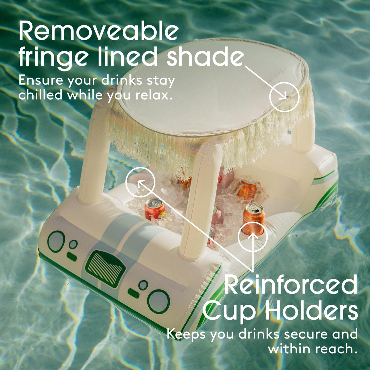 Detachable fringe shade on FUNBOY cooler protects drinks from sun.