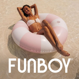 FUNBOY party-ready float pairs with colorful pool setups.