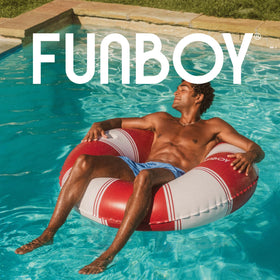 FUNBOY red stripe lounger creates a stylish poolside vibe