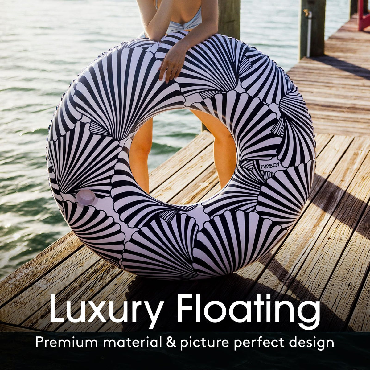 FUNBOY Seashells navy designer print on a 50-inch float for style