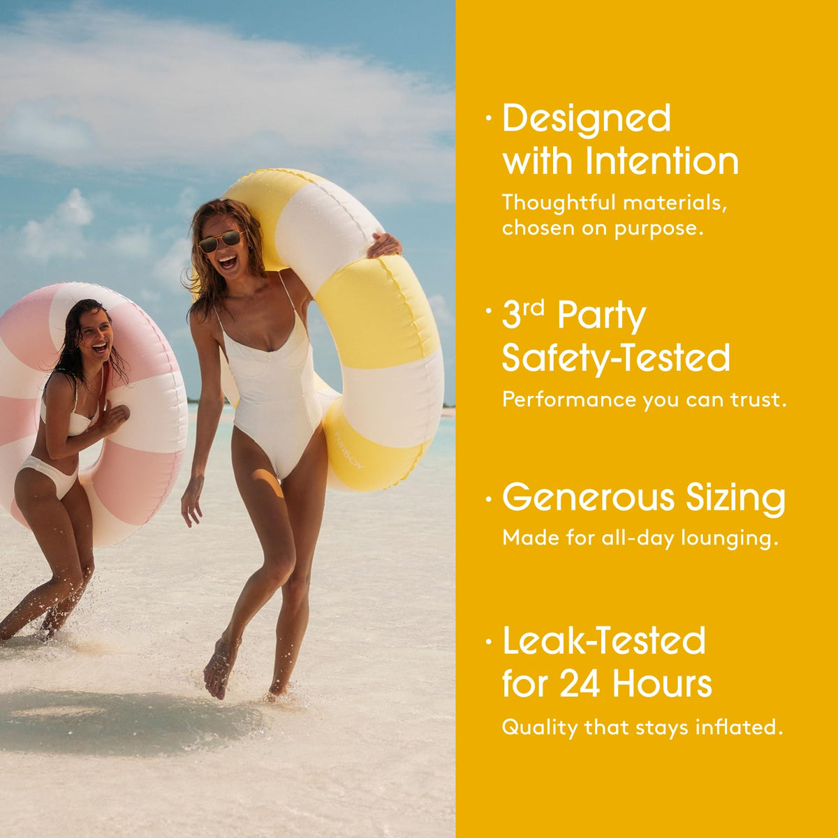 FUNBOY yellow stripe pool float in use at pool party.