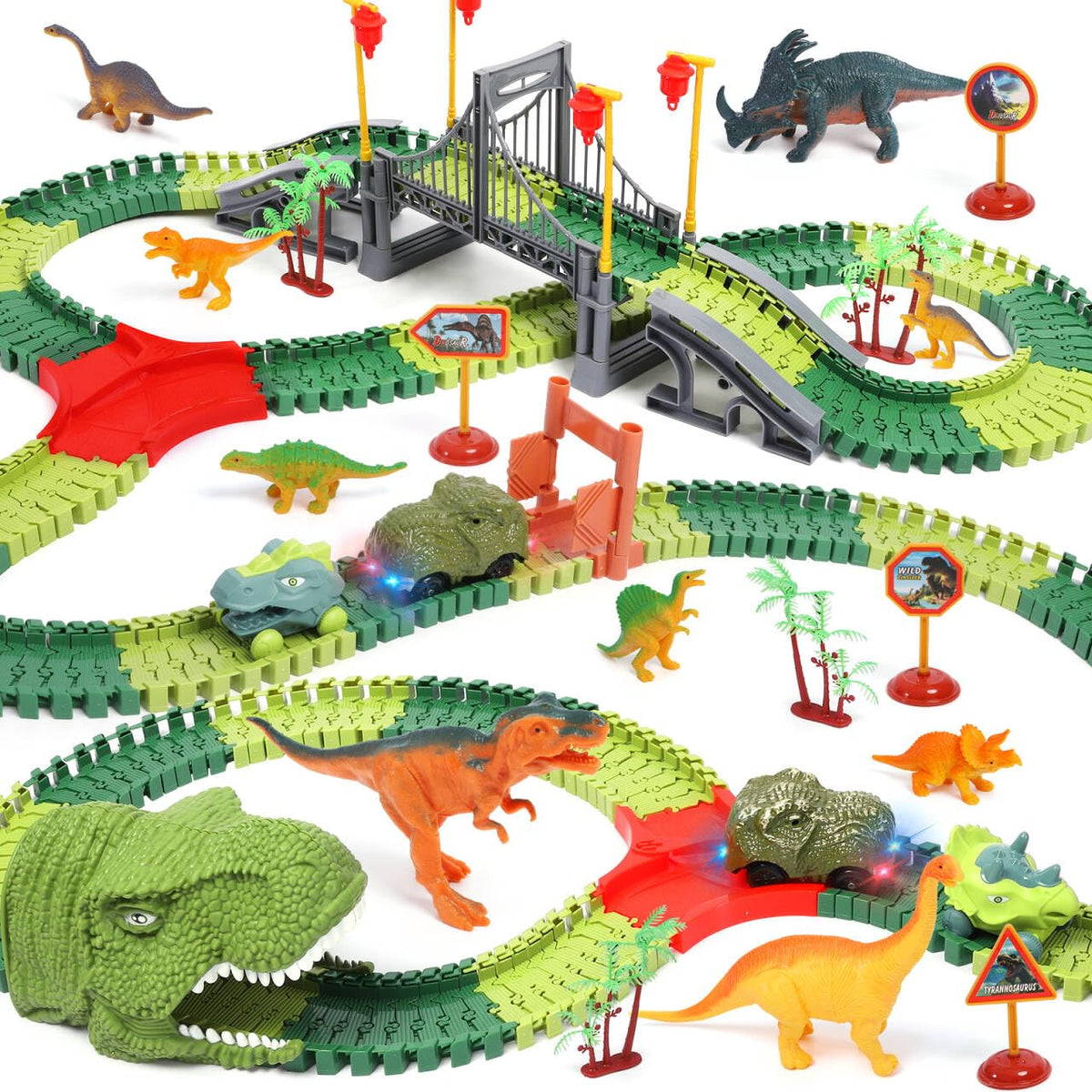 Funbud Dinosaur Race Track cars speeding on a colorful looping course for imaginative play.