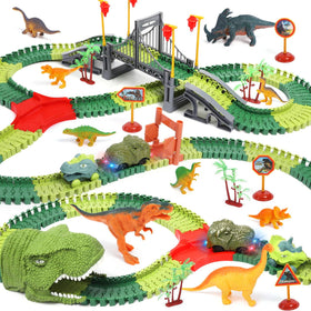 Funbud Dinosaur Race Track cars speeding on a colorful looping course for imaginative play.