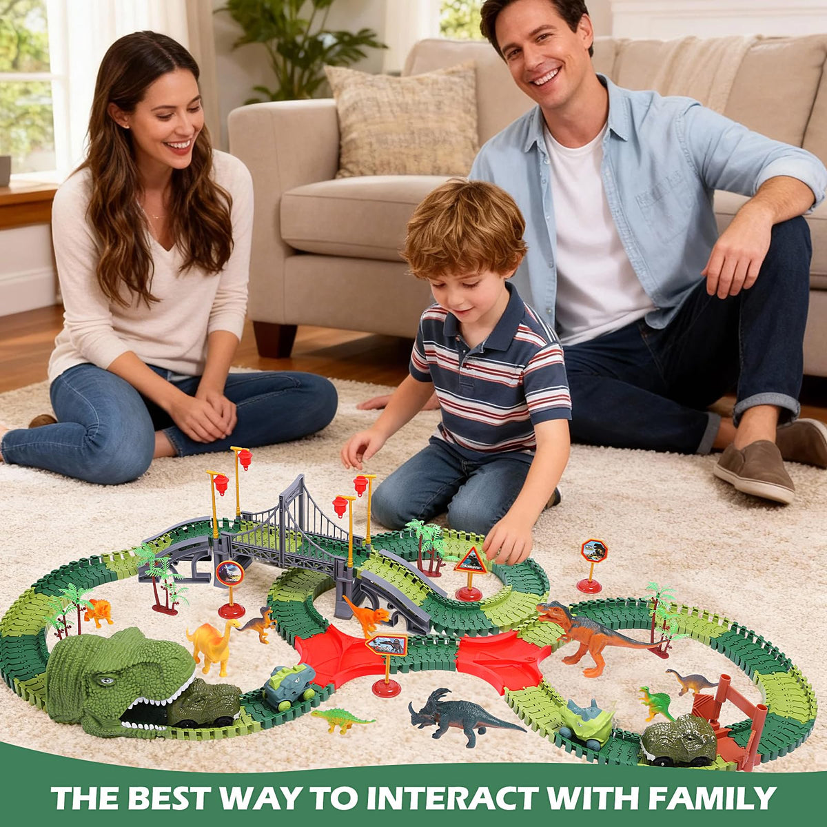 Trees and scenery accessories enrich dinosaur world-building during play.