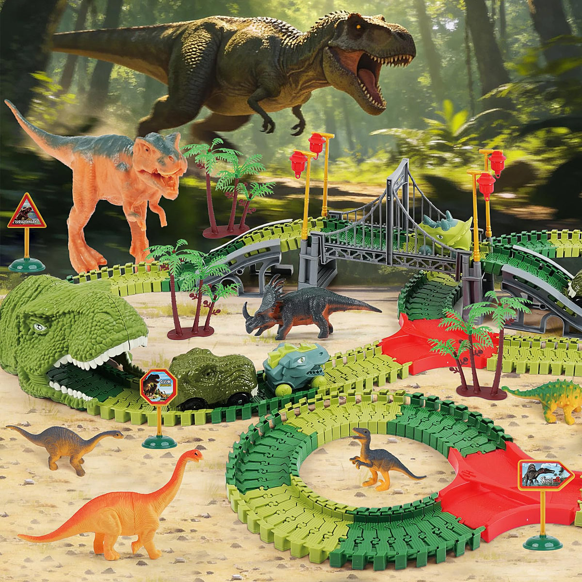 Tunnel feature invites dramatic passing moments for speedy dinosaur cars.