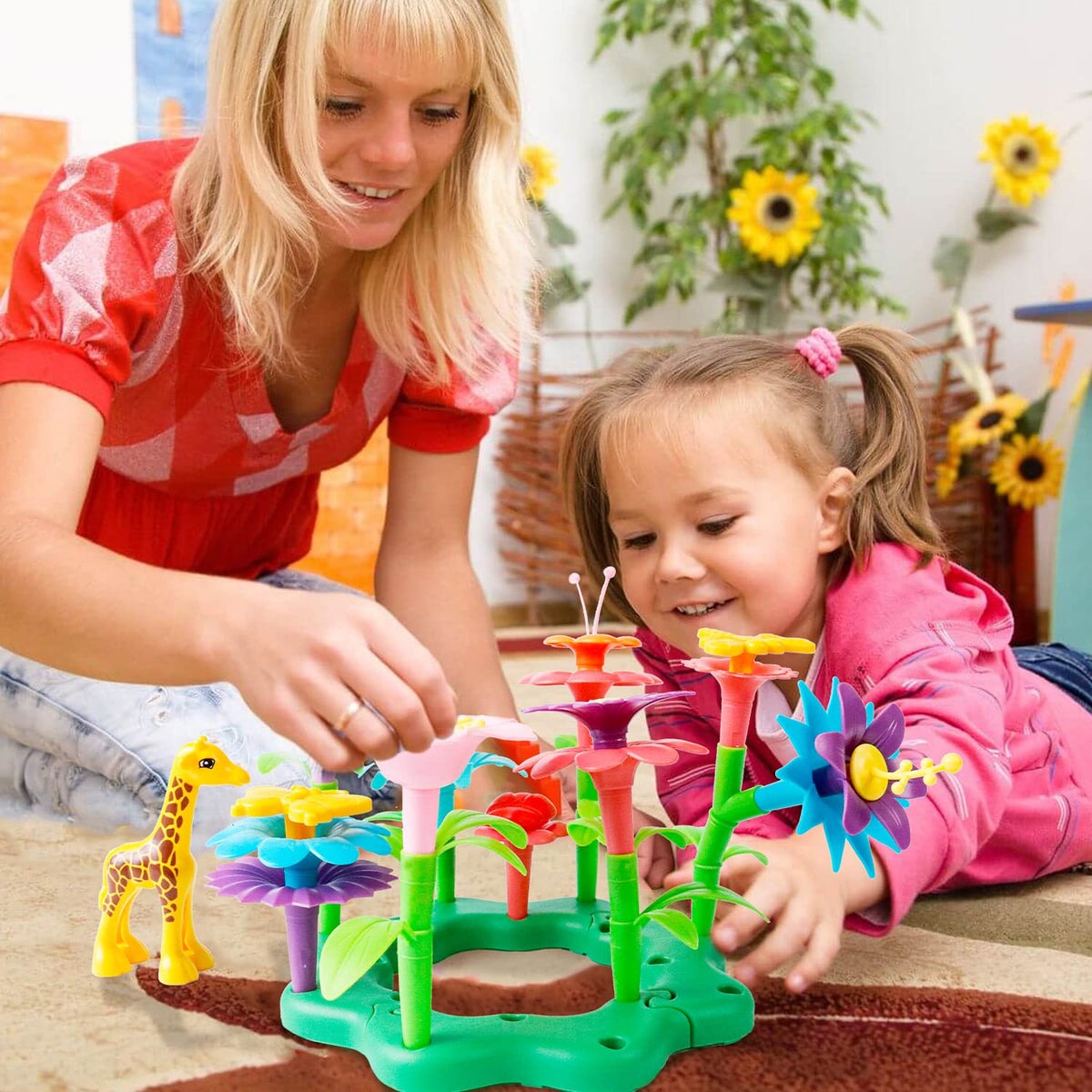 Bright Funbud colors create a cheerful flower garden play scene.