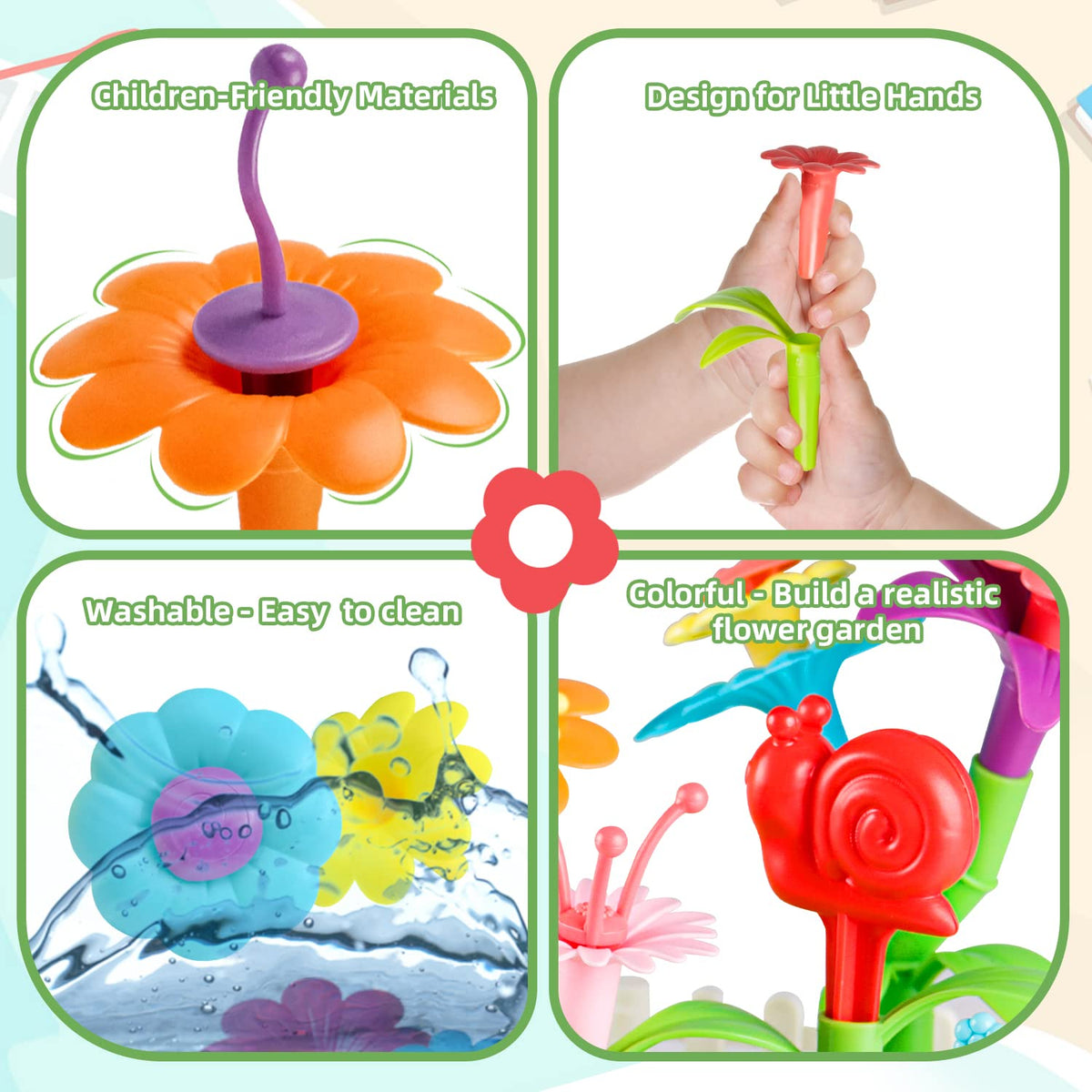 Funbud giraffe and insect figures brighten a garden scene for storytelling.