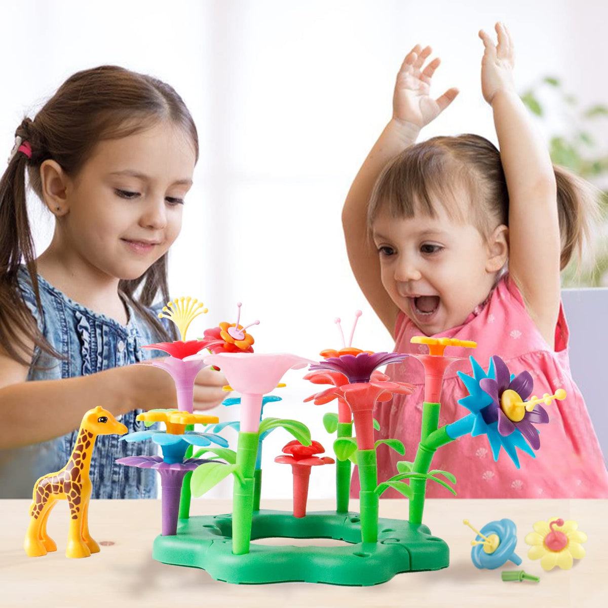 Children stacking Funbud flowers boosts spatial reasoning and motor skills.