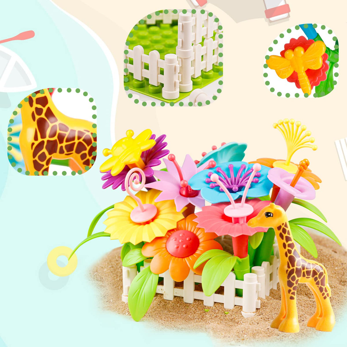 Kids assembling Funbud Flower Garden pieces in a colorful setup.