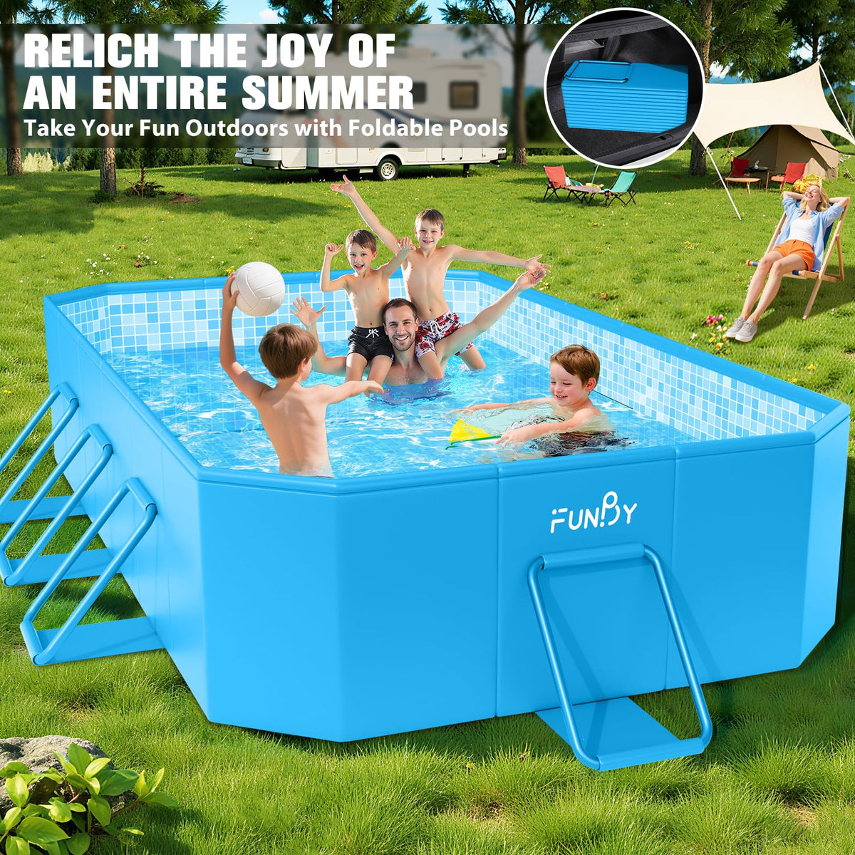 FunBy pool in backyard with two adults and kids enjoying