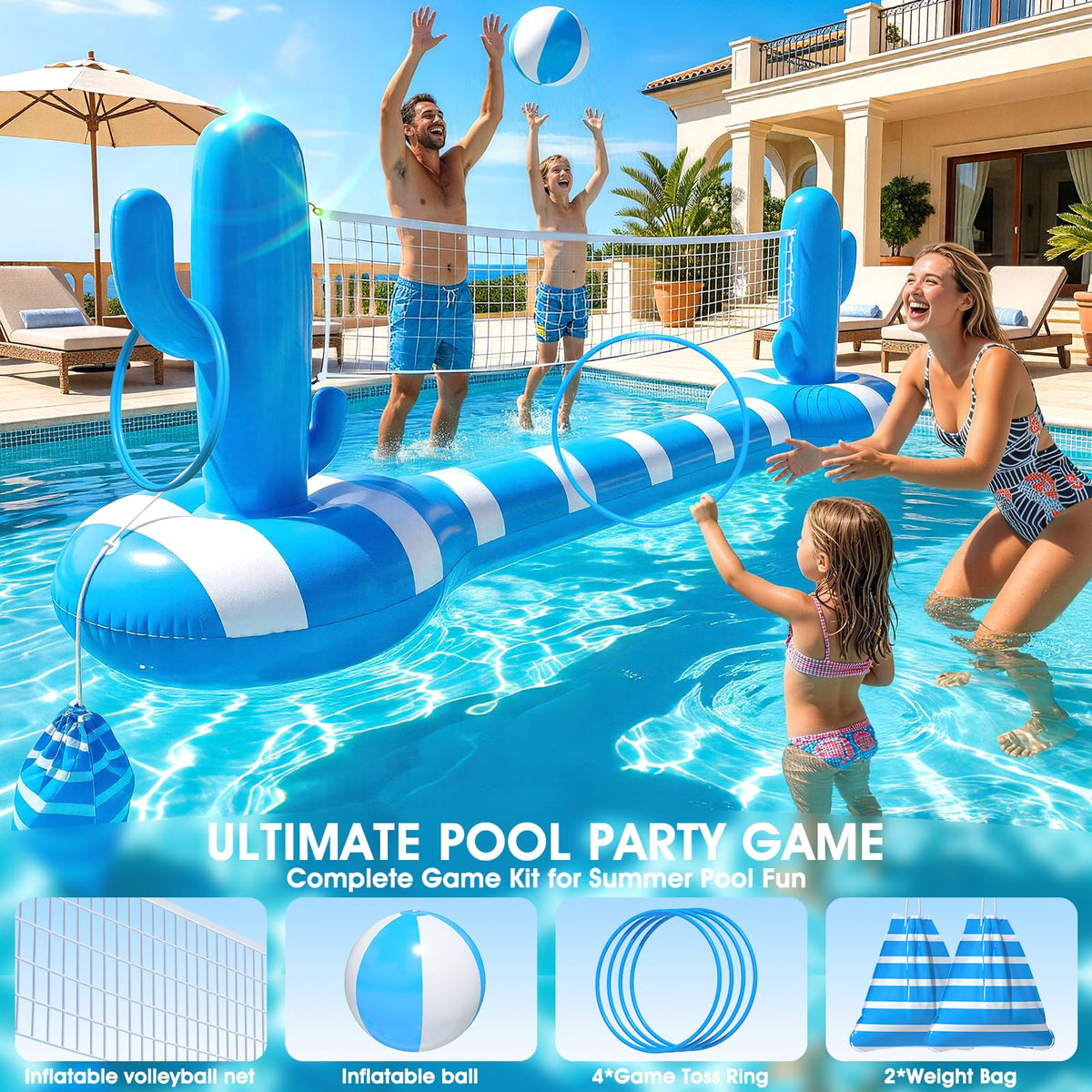 Includes inflatable ball and plastic rings for quick start to games.