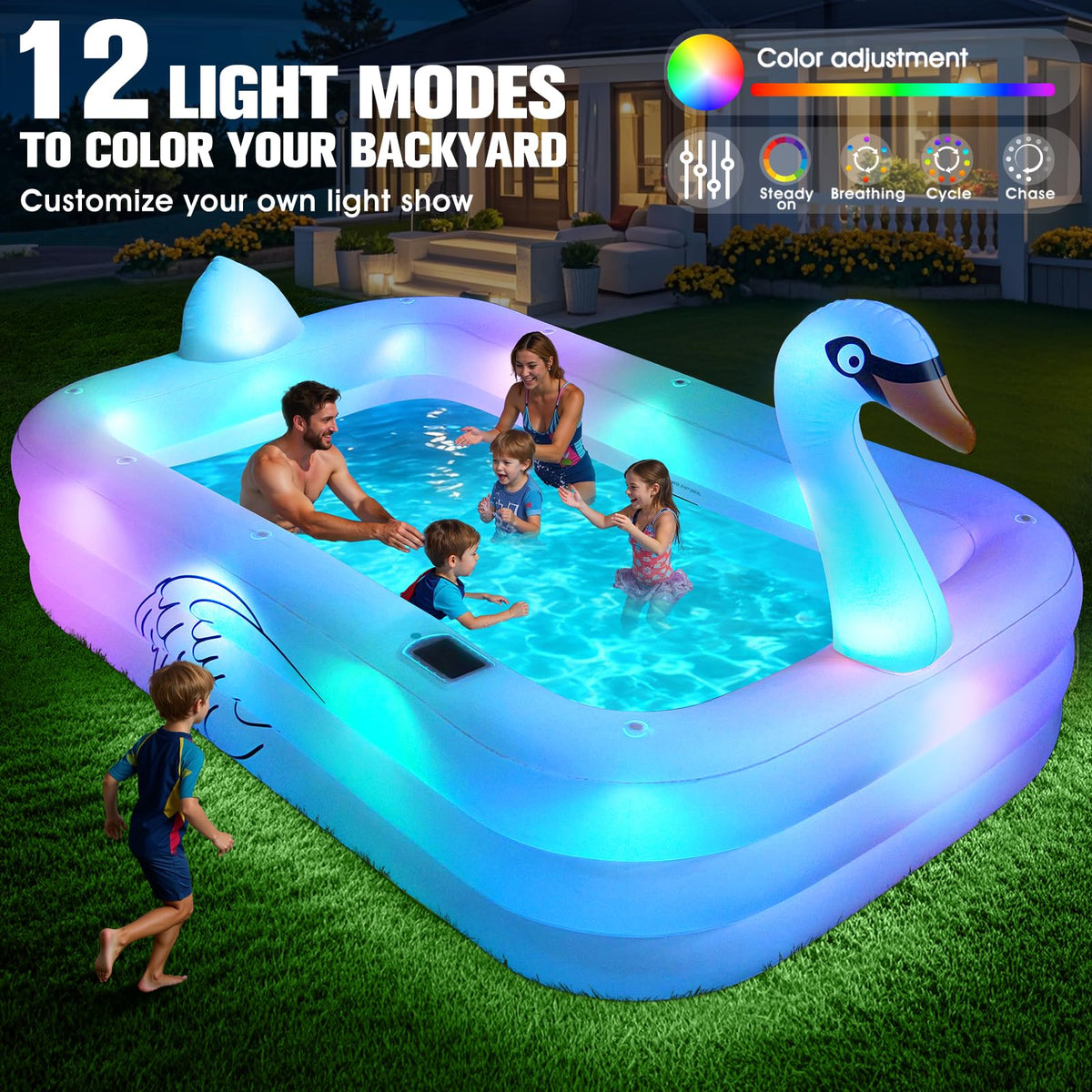FunBy Solar Swan pool displays 12 LED modes for mood lighting and backyard magic