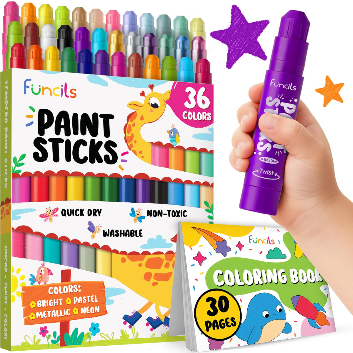 Funcils 36-washable tempera paint sticks pack for vibrant, mess-free kid art.