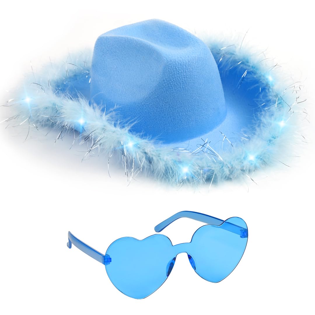 Funcredible blue light-up cowboy hat with feather trim for night events.