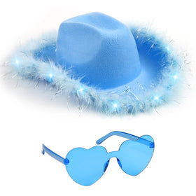 Funcredible blue light-up cowboy hat with feather trim for night events.