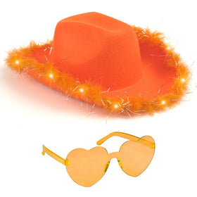 Funcredible orange light-up cowboy hat ready for festivals and photo shoots.