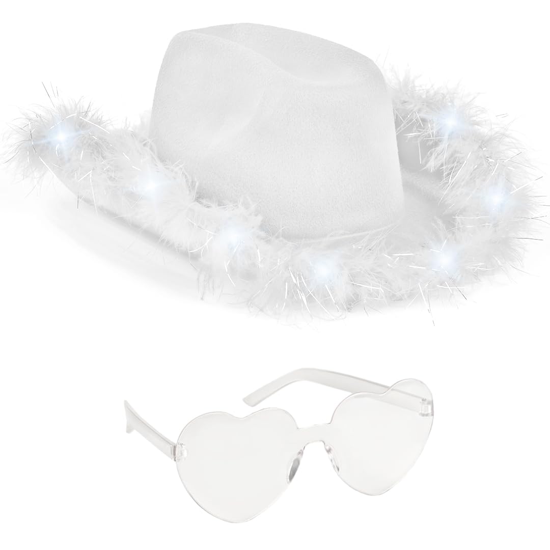 Funcredible white LED cowboy hat showcases festival-ready glow.
