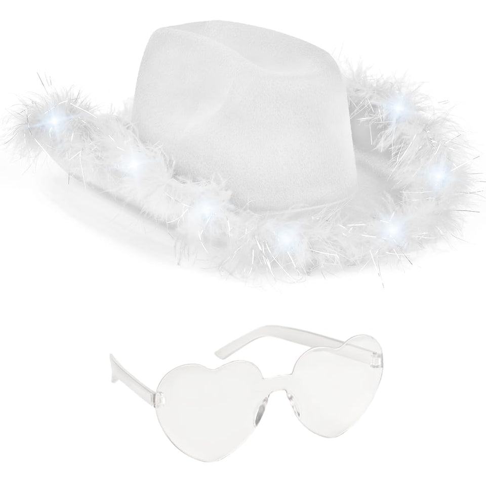Funcredible white LED cowboy hat showcases festival-ready glow.