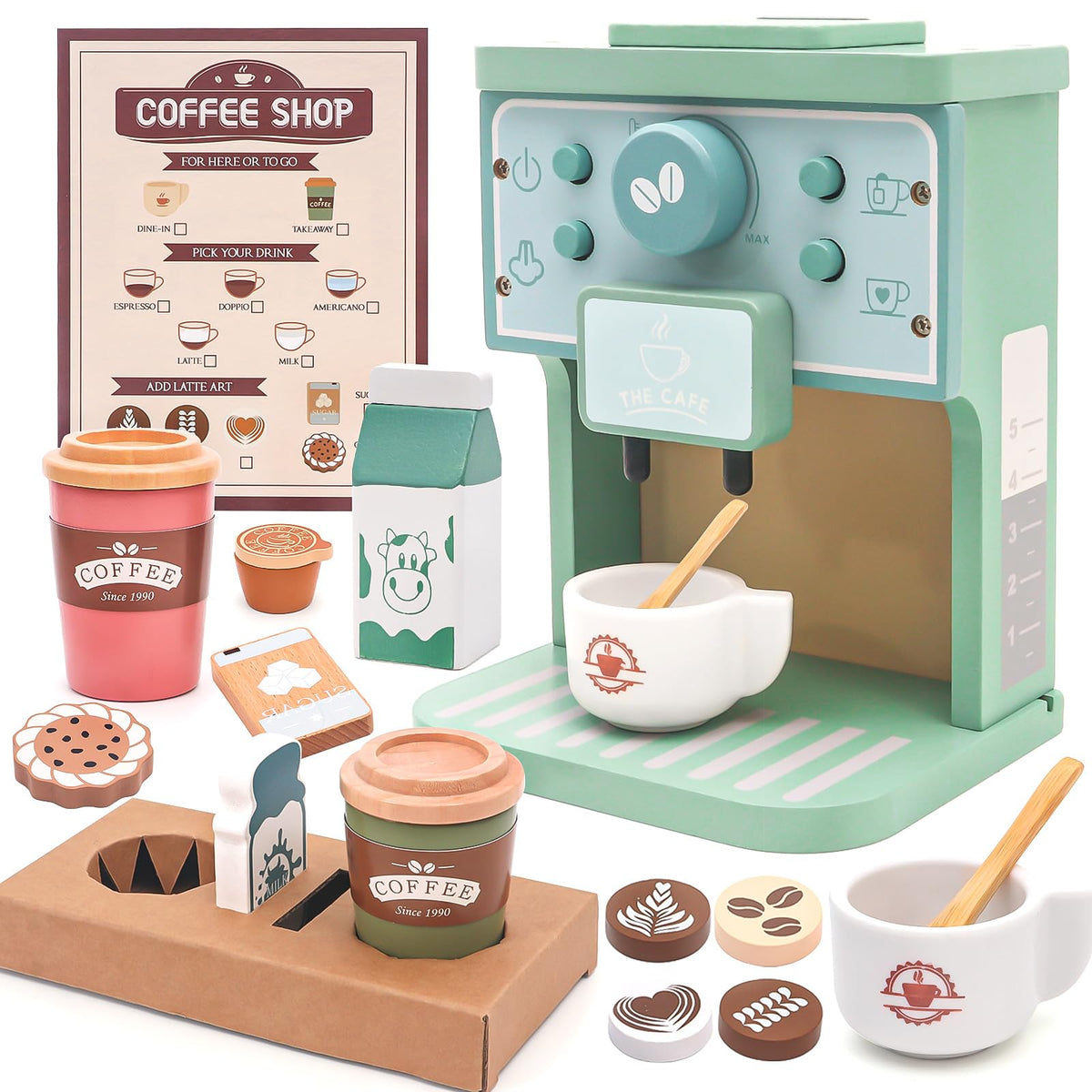 FUNCREVITY Kids Coffee Playset espresso machine scene enhances imaginative barista play.