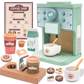 FUNCREVITY Kids Coffee Playset espresso machine scene enhances imaginative barista play.