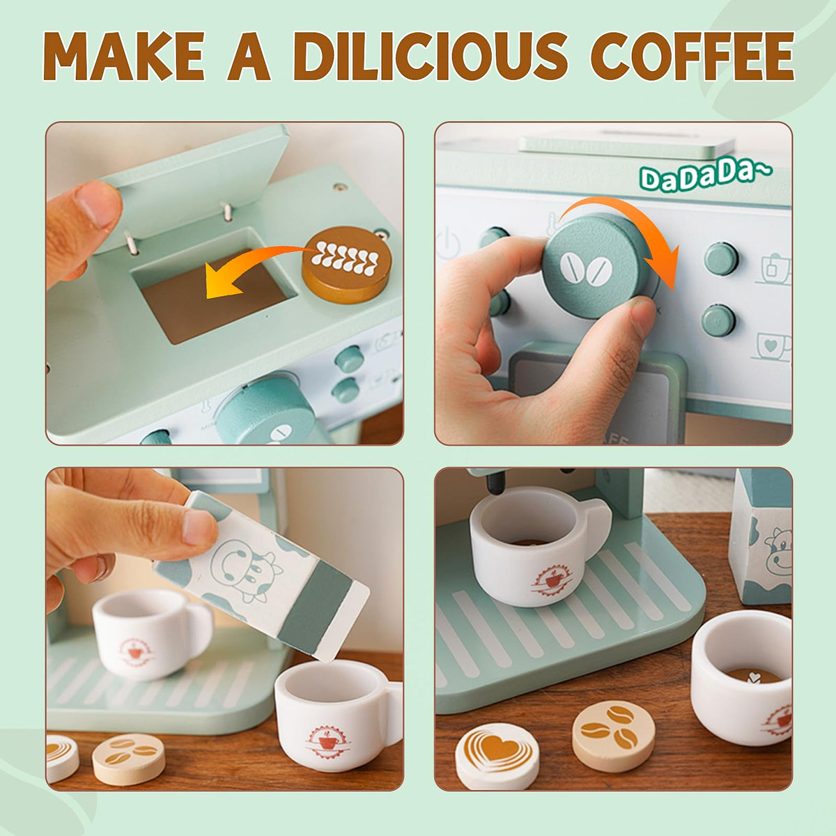 FUNCREVITY Kids Coffee Playset milk pitcher in action supports pretend kitchen pouring.