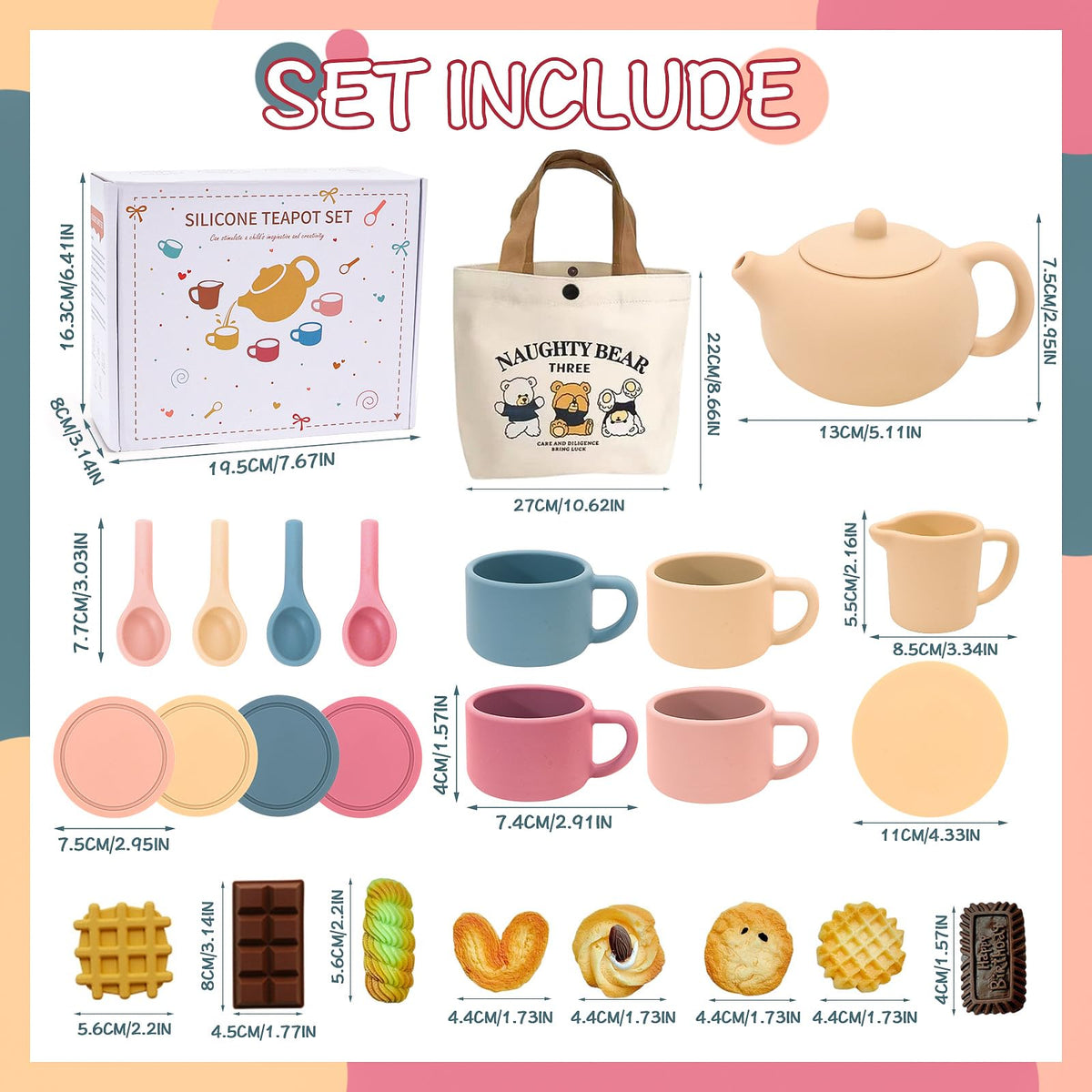 Funcrevity silicone tea cups, kid-sized mugs fostering imaginative play.