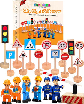 FUNERICA wooden traffic signs set helps kids build coordinated city scenes on any play surface