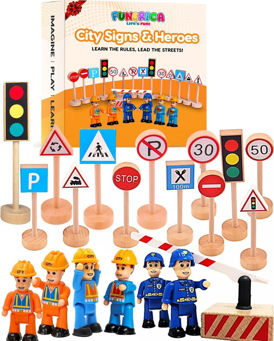 FUNERICA wooden traffic signs set helps kids build coordinated city scenes on any play surface