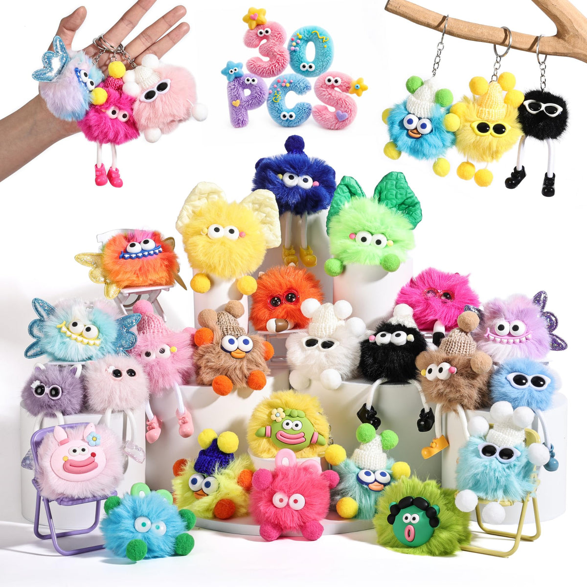 Fungi Fun pink-smile monster plush keychain for backpacks and bags, adds cute flair