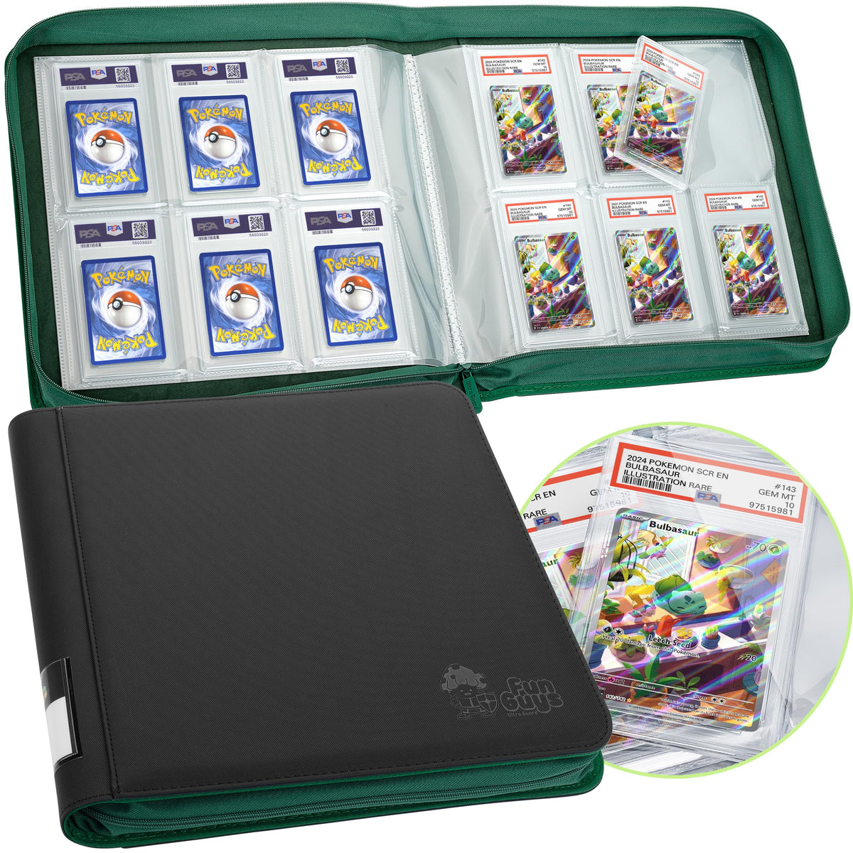FunGuys graded card binder shows 60 PSA slabs for organized display