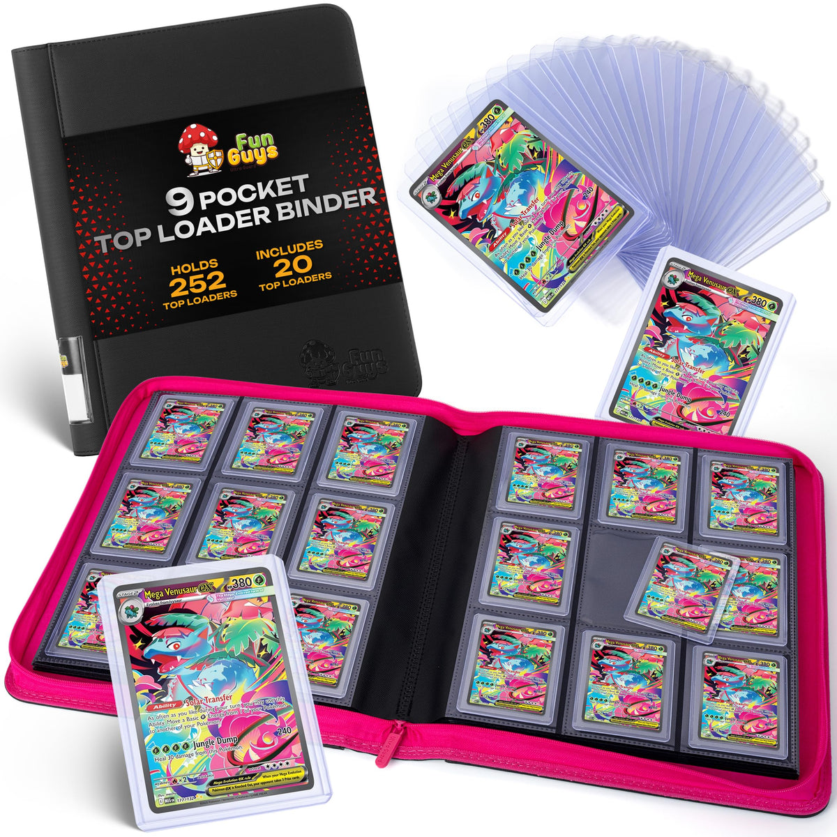 FunGuys Toploader Binder exterior with water-resistant finish protects cards during travel.