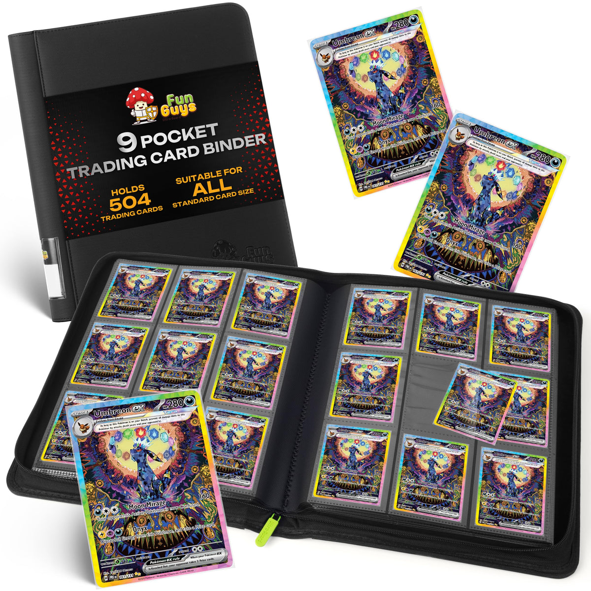 FunGuys trading card binder front cover with durable, portable design for on-the-go collectors.