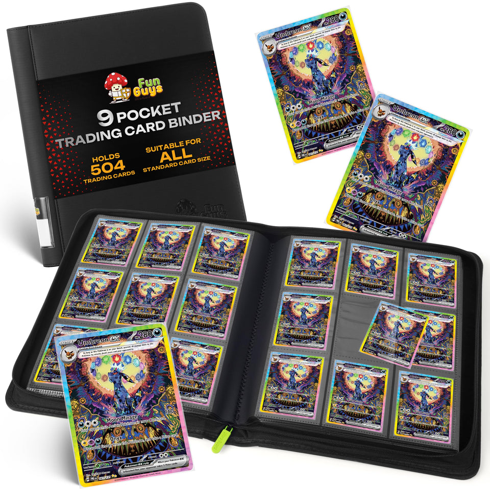 FunGuys trading card binder front cover with durable, portable design for on-the-go collectors.
