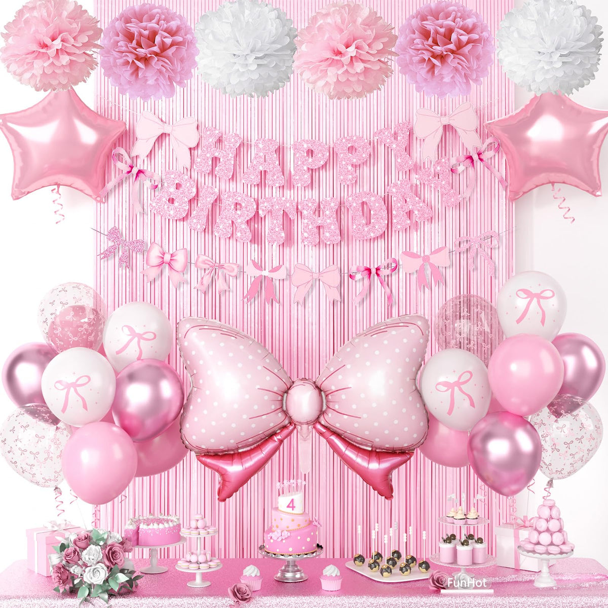 FunHot pink bow banner elevates birthday décor with whimsical charm.